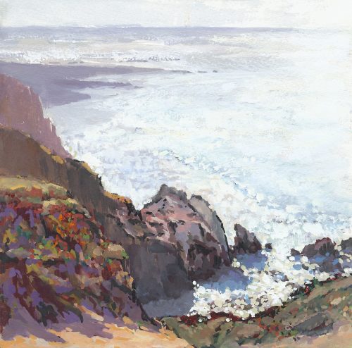 Moss Beach (late afternoon, plein air), gouache on paper, 8x8"